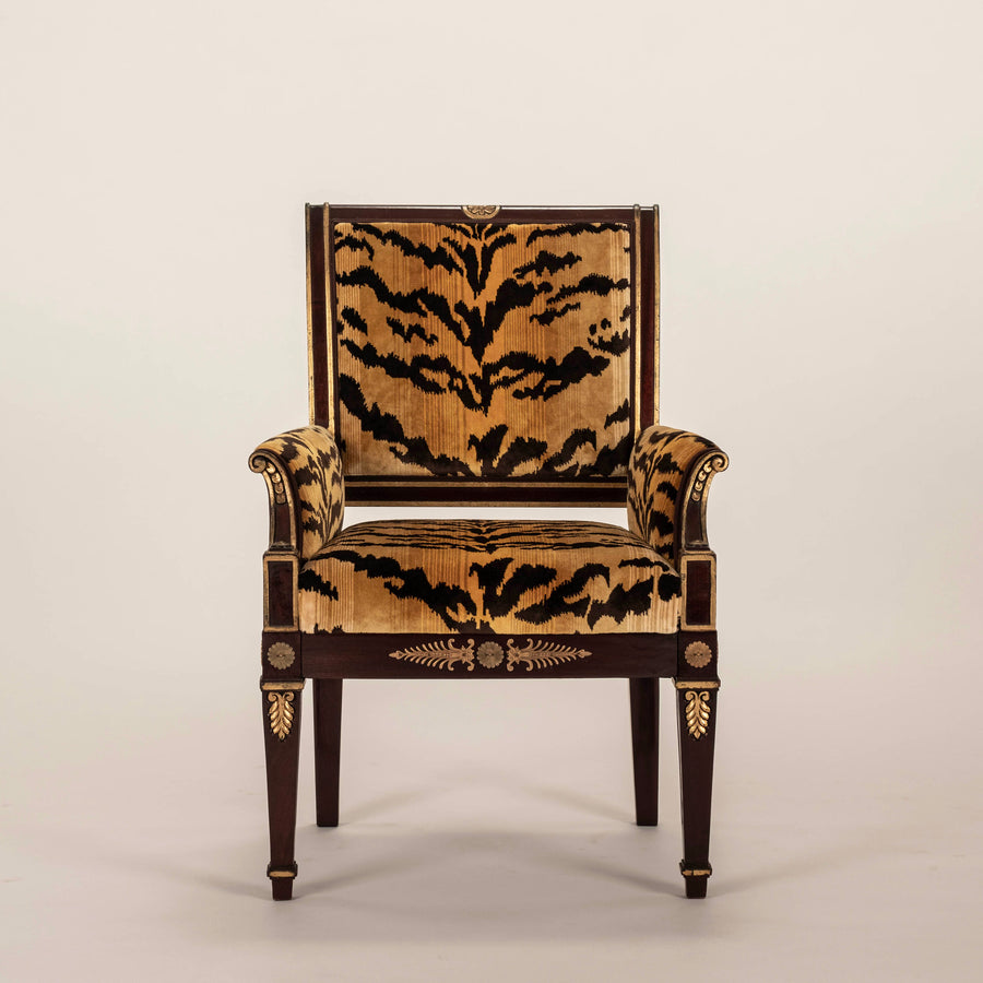 Pair 19th Century Empire Scalamandré Tiger Velvet Bergère Chairs