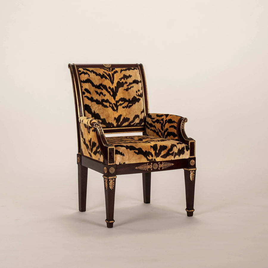 Pair 19th Century Empire Scalamandré Tiger Velvet Bergère Chairs