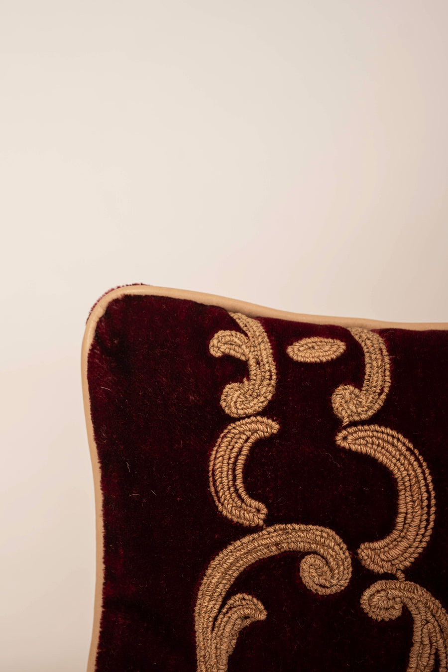 Claret Mohair Vestement Pillow with Leather Trim