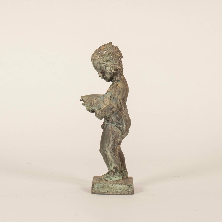 Antique Bronze Putti and Dolphin Fountain Statue