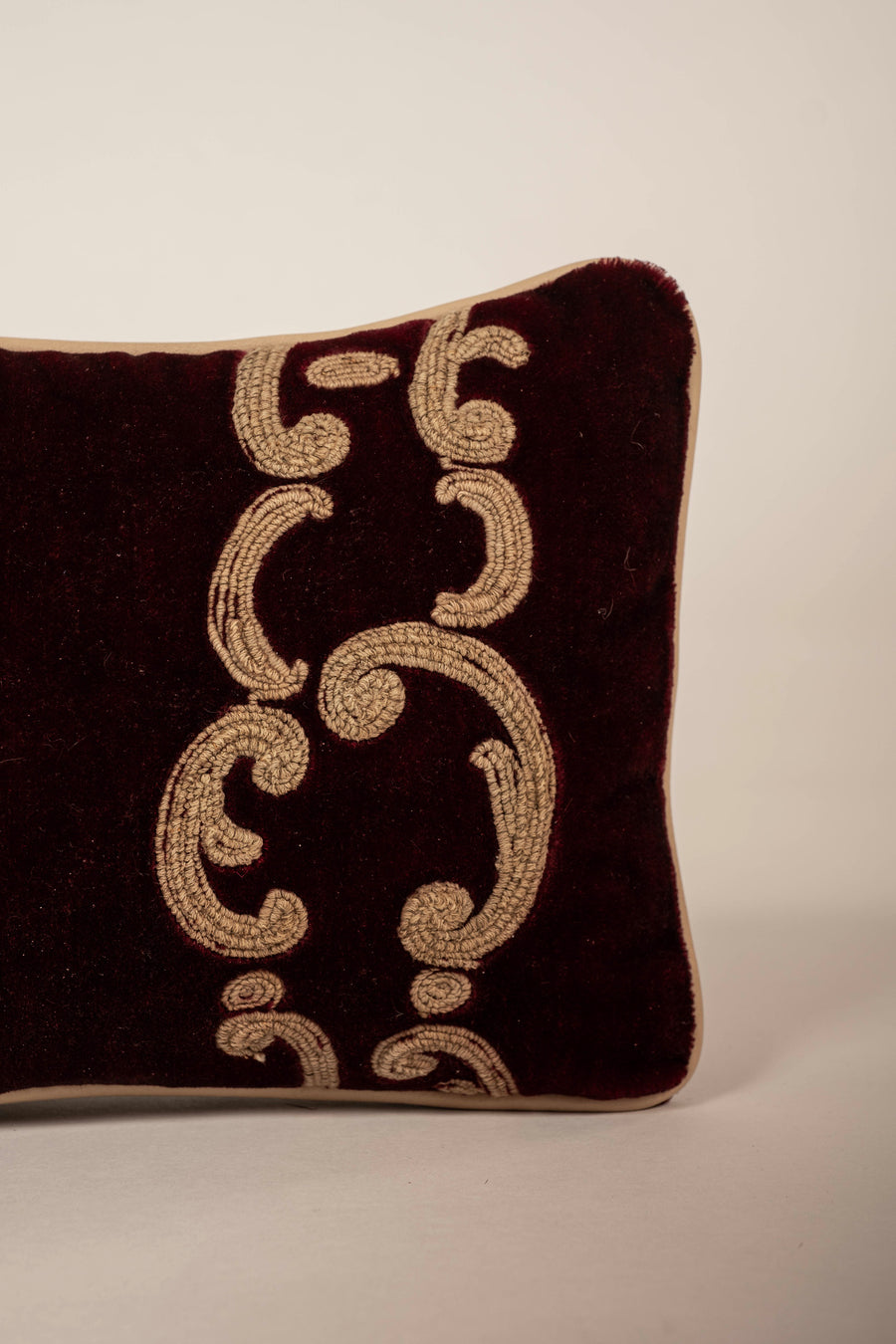 Claret Mohair Vestement Pillow with Leather Trim
