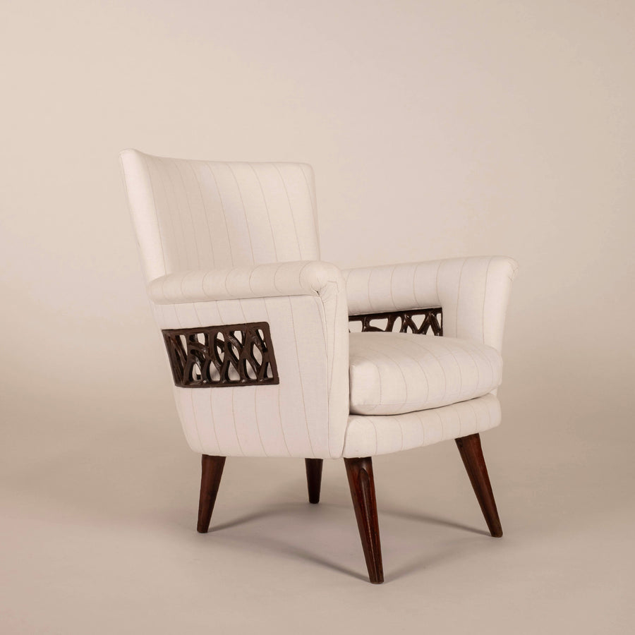 Pair Englander & Bonta Black White Stripe Arm Chairs, Argentina, circa 1950