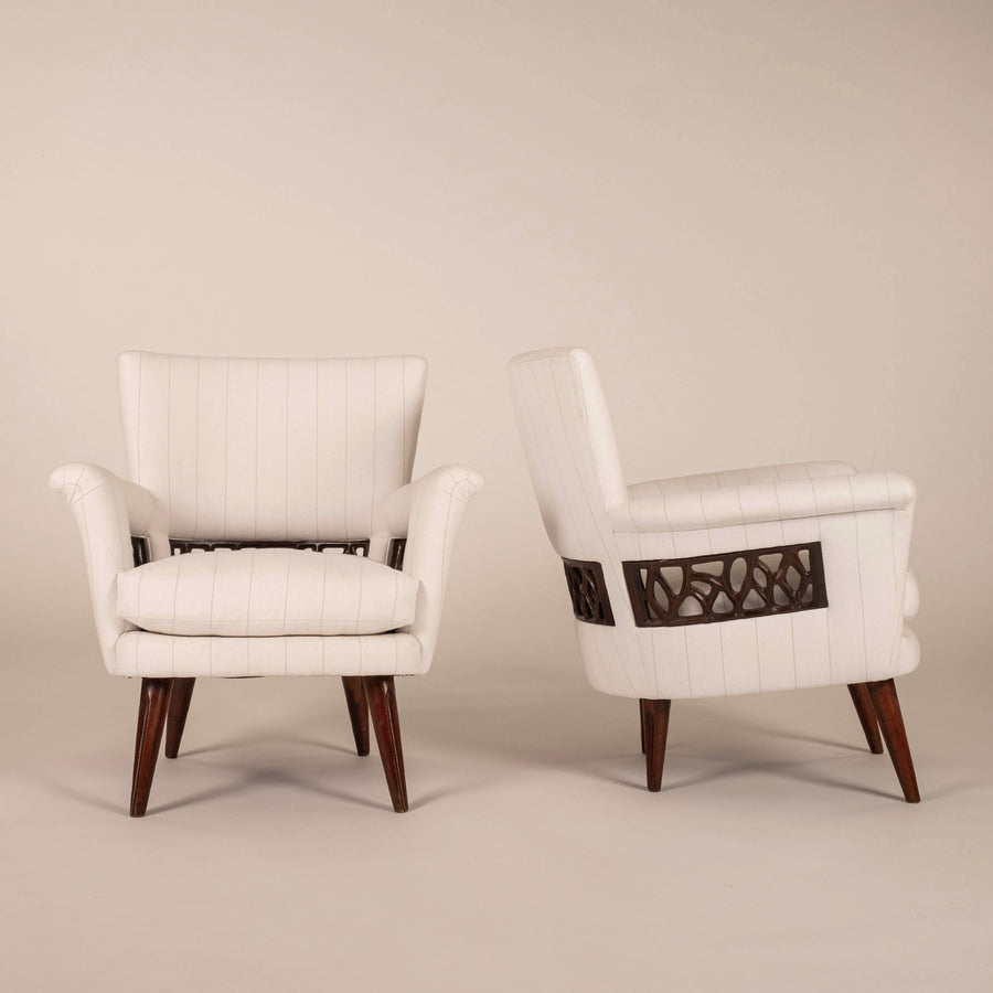 Pair Englander & Bonta Black White Stripe Arm Chairs, Argentina, circa 1950