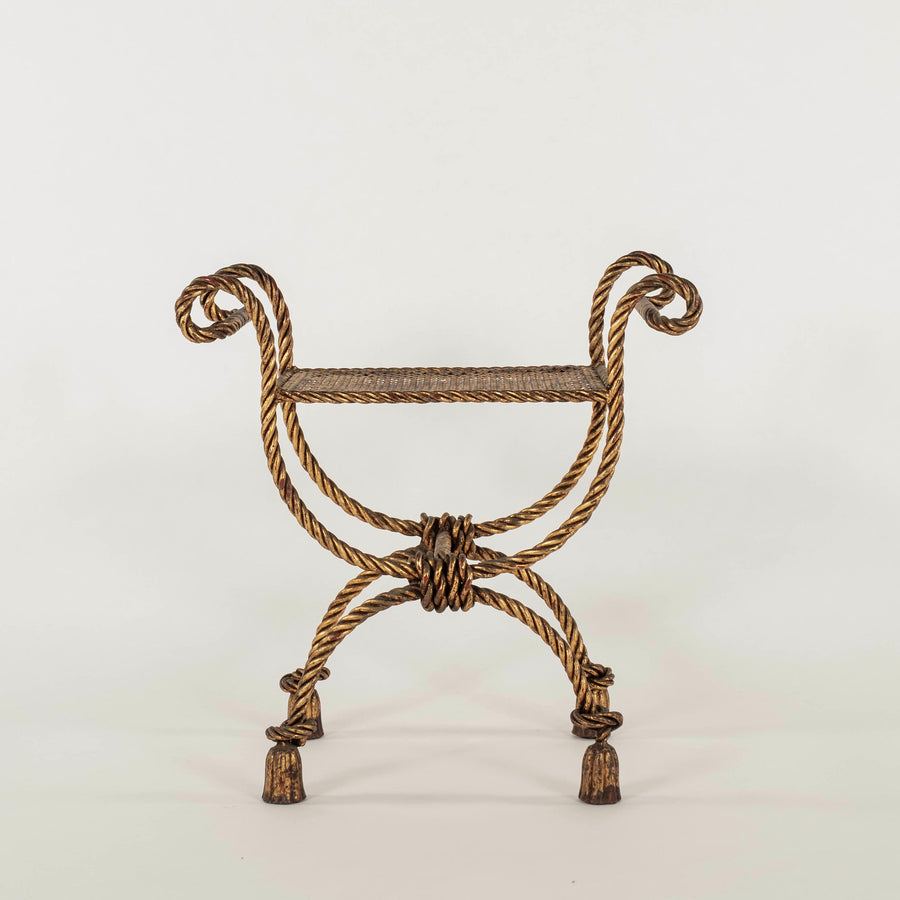 Vintage Italian Gilt Iron Rope & Tassel Bench