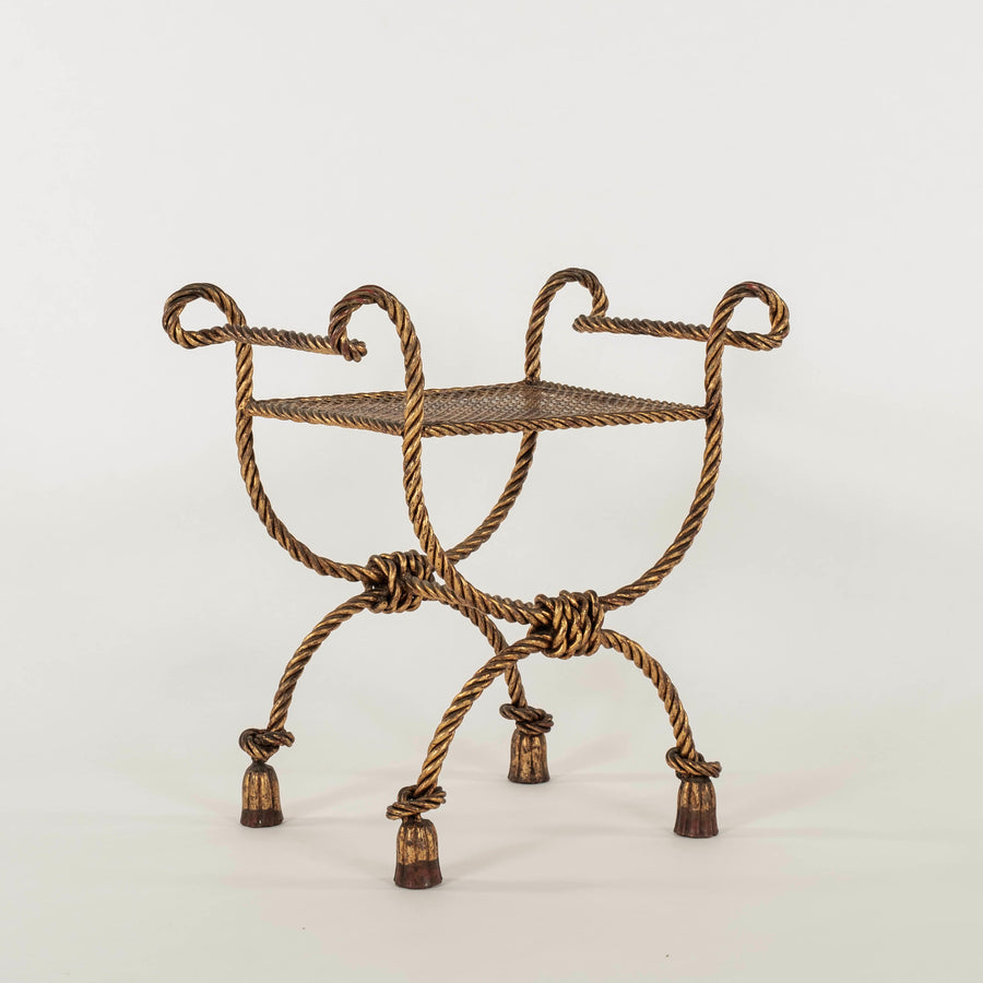 Vintage Italian Gilt Iron Rope & Tassel Bench