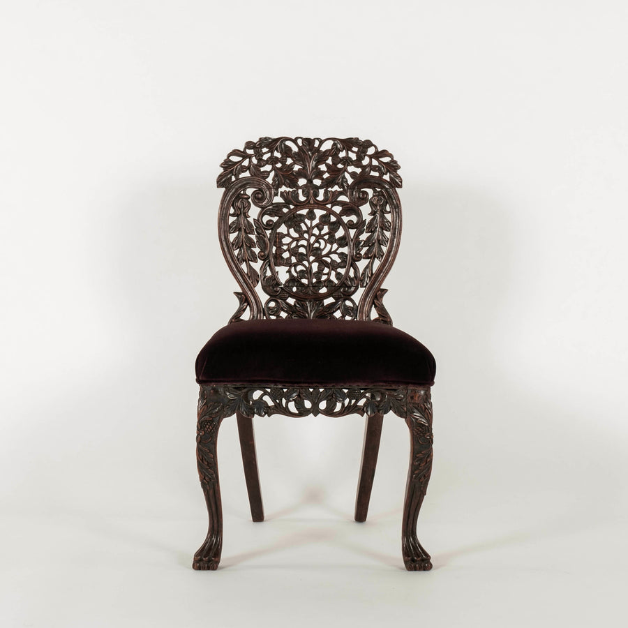 Pair Antique Anglo Indian Claret Velvet Carved Side Chairs