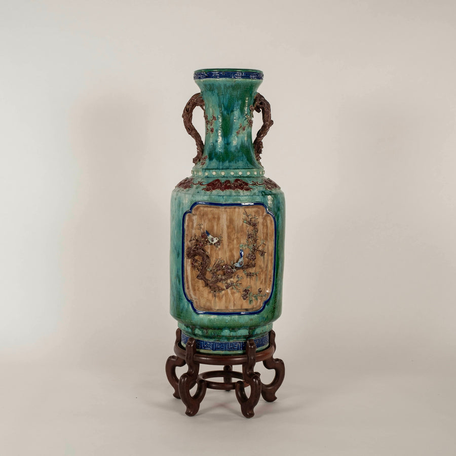Pair Early 20th Century Chinese Shiwan Turquoise Glazed Earthenware Vases on Stands
