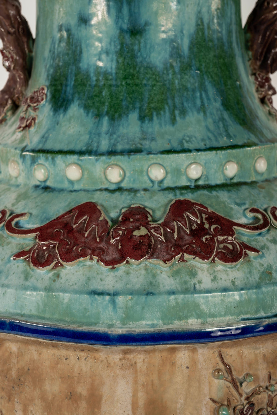Pair Early 20th Century Chinese Shiwan Turquoise Glazed Earthenware Vases on Stands