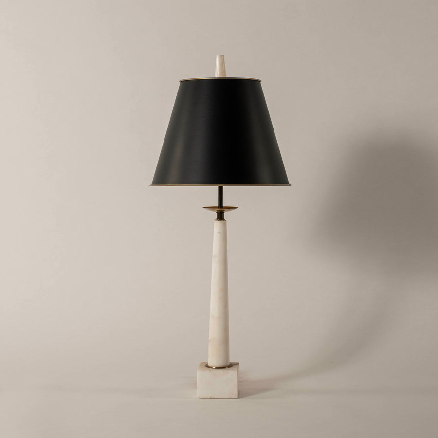 Pair 1950s Italian Conical White Marble Brass Table Lamps