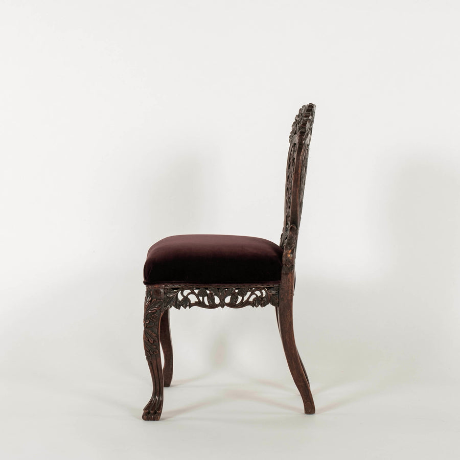 Pair Antique Anglo Indian Claret Velvet Carved Side Chairs