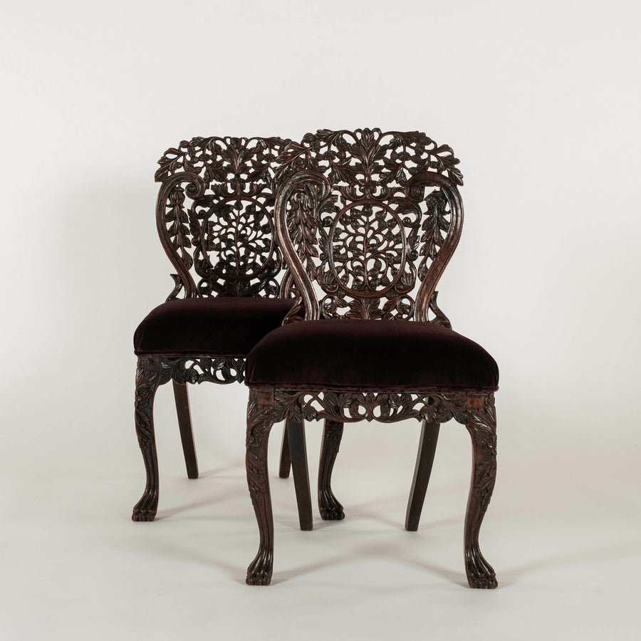 Pair Antique Anglo Indian Claret Velvet Carved Side Chairs