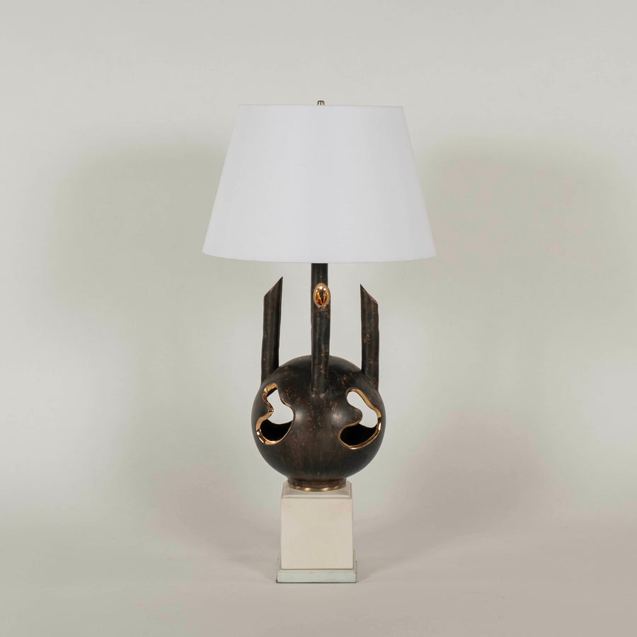 Black Gold Gilt Brutalist Pottery Table Lamp