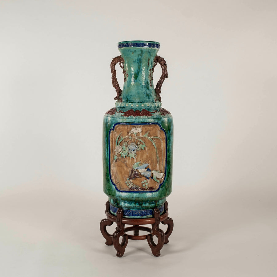 Pair Early 20th Century Chinese Shiwan Turquoise Glazed Earthenware Vases on Stands