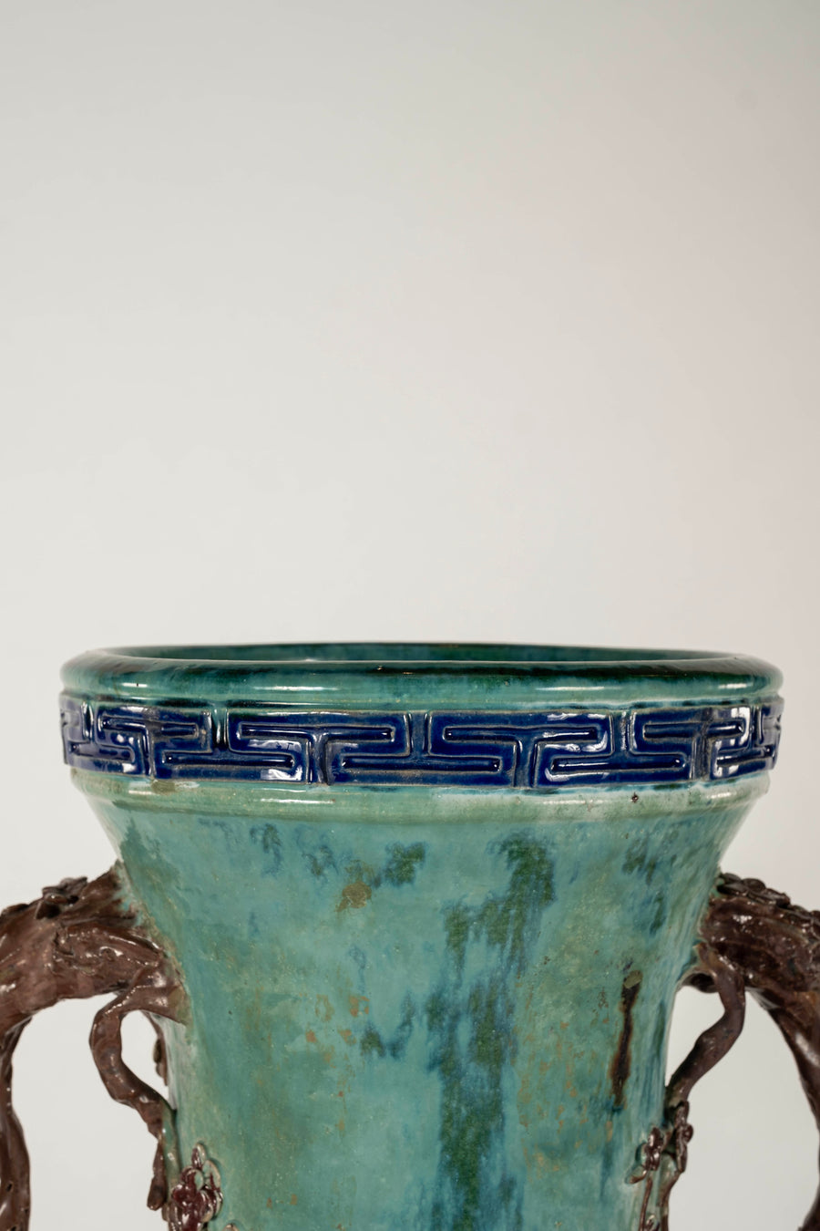 Pair Early 20th Century Chinese Shiwan Turquoise Glazed Earthenware Vases on Stands