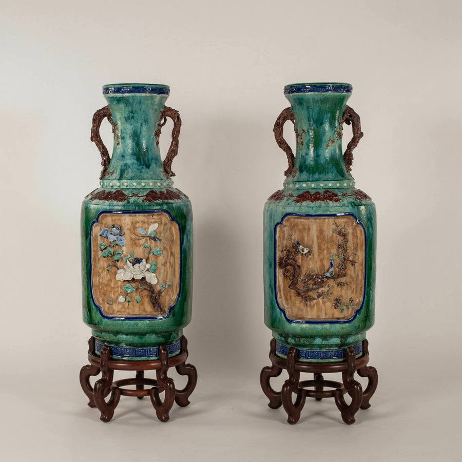 Pair Early 20th Century Chinese Shiwan Turquoise Glazed Earthenware Vases on Stands