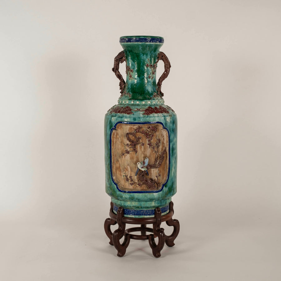 Pair Early 20th Century Chinese Shiwan Turquoise Glazed Earthenware Vases on Stands