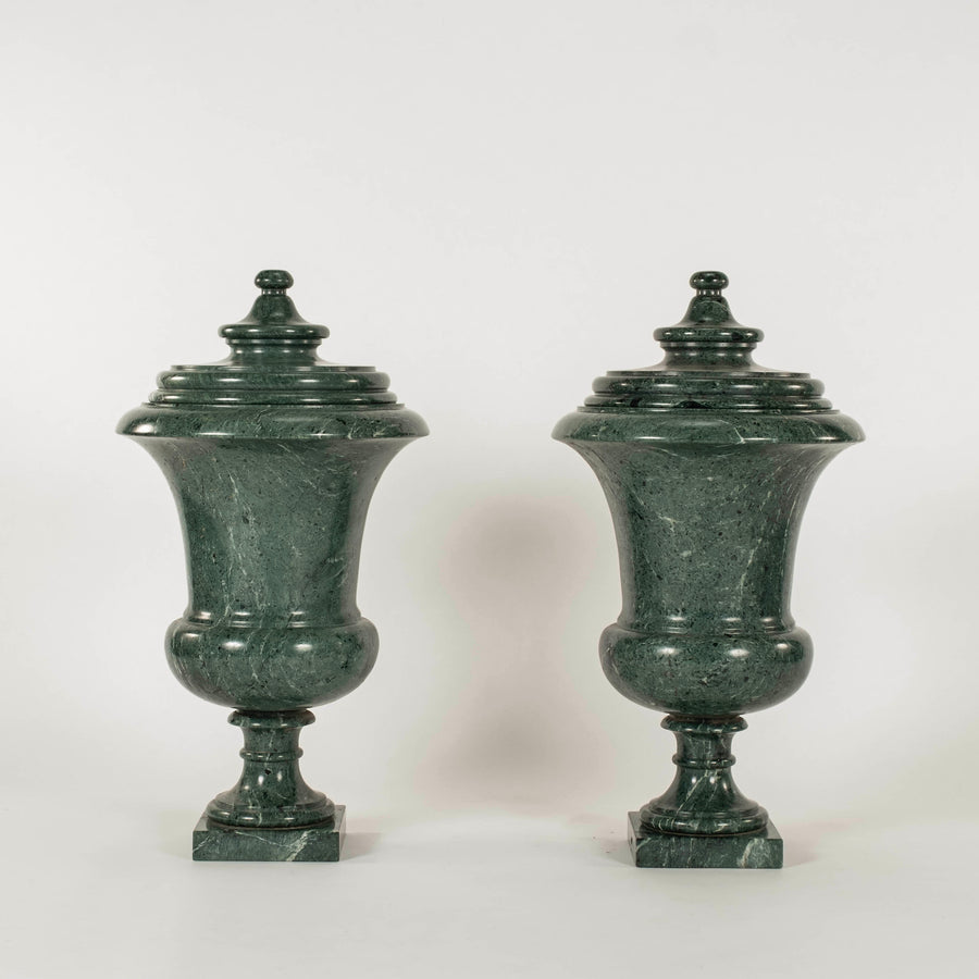 Pair Vintage Green Marble Lidded Urns