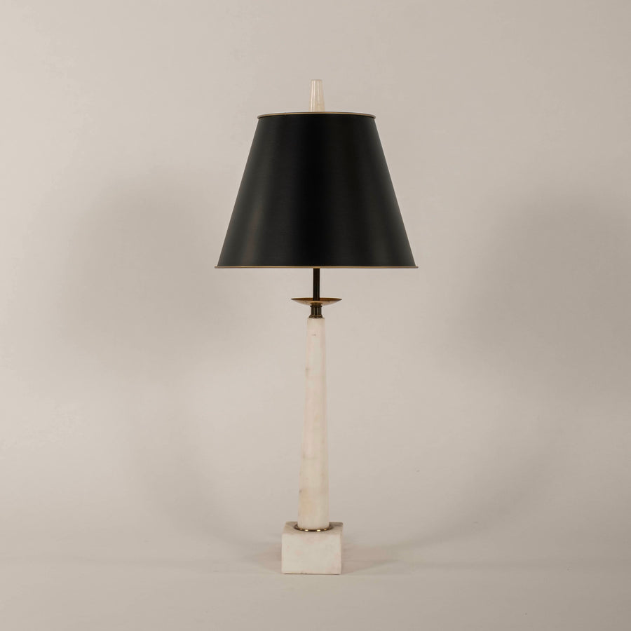 Pair 1950s Italian Conical White Marble Brass Table Lamps