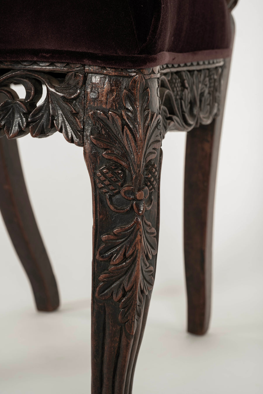 Pair Antique Anglo Indian Claret Velvet Carved Side Chairs