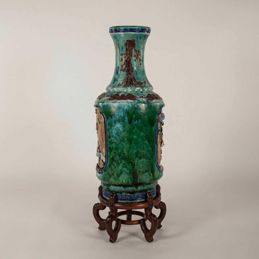 Pair Early 20th Century Chinese Shiwan Turquoise Glazed Earthenware Vases on Stands