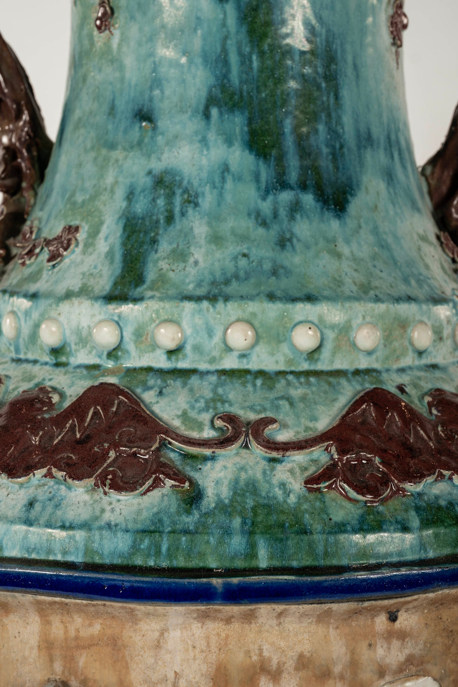 Pair Early 20th Century Chinese Shiwan Turquoise Glazed Earthenware Vases on Stands