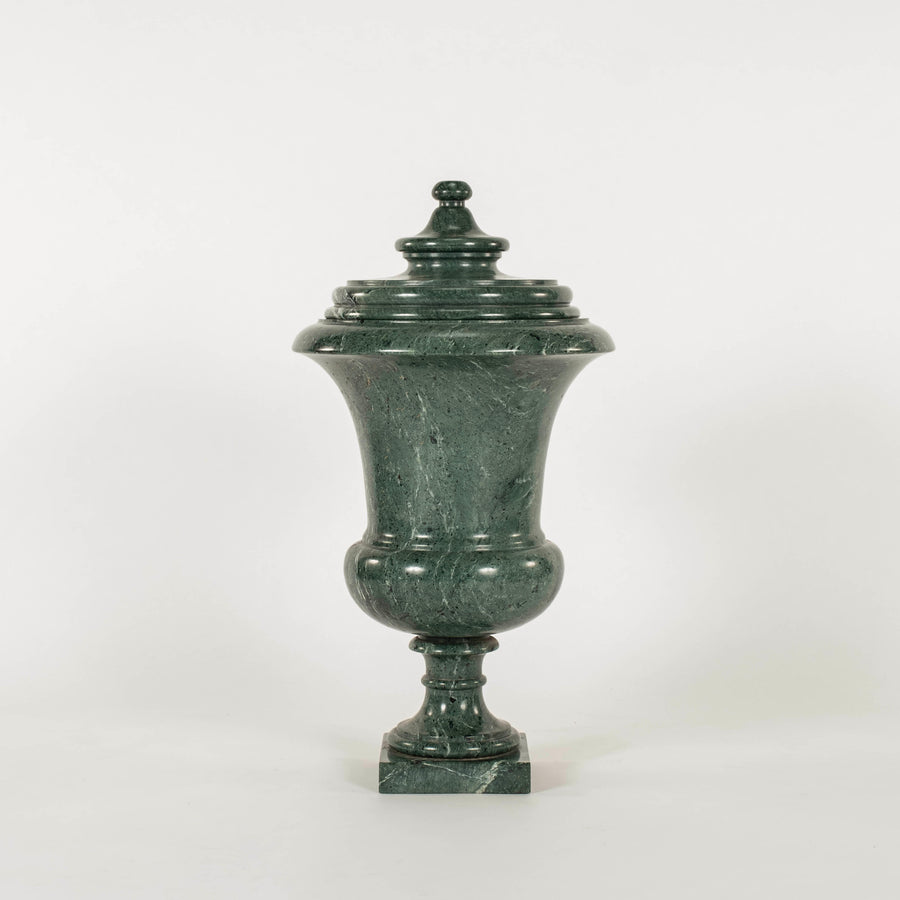 Pair Vintage Green Marble Lidded Urns