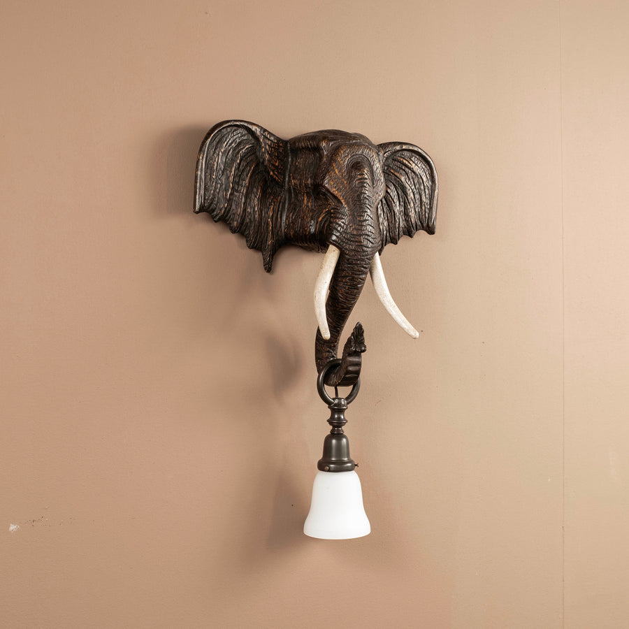 Pair 1940s Carved Continental Elephant Head Sconces