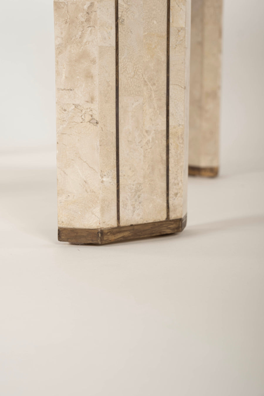 Pair Maitland Smith Tessellated Travertine Brass End Tables