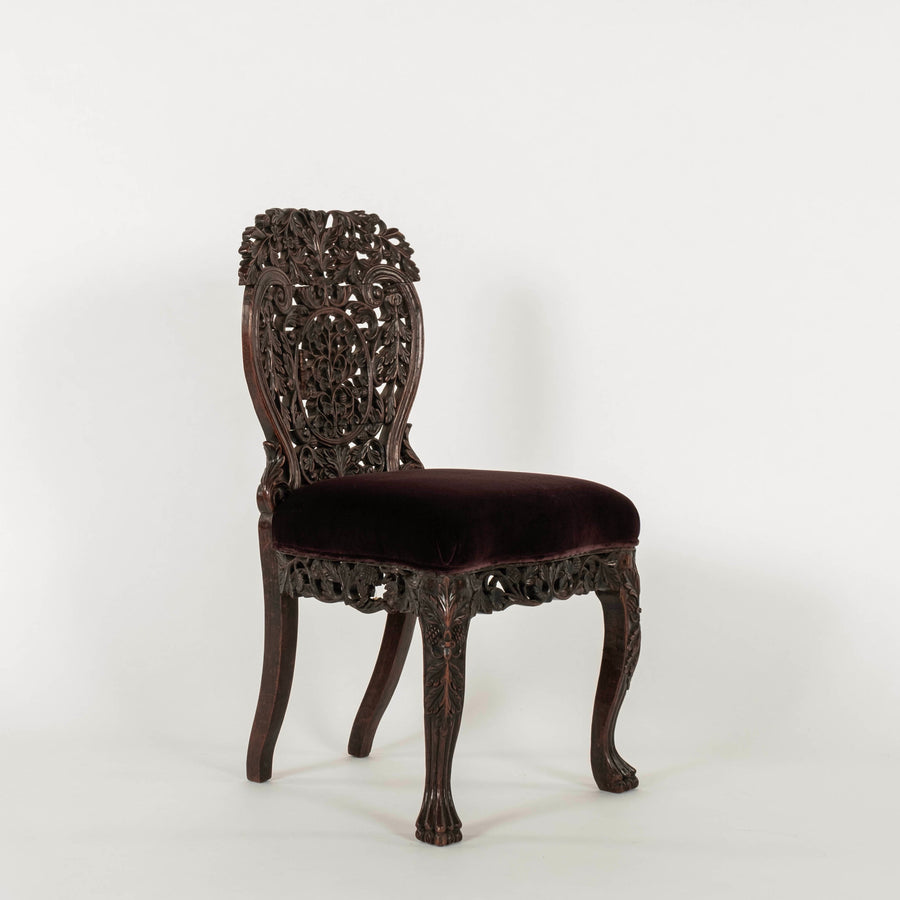 Pair Antique Anglo Indian Claret Velvet Carved Side Chairs