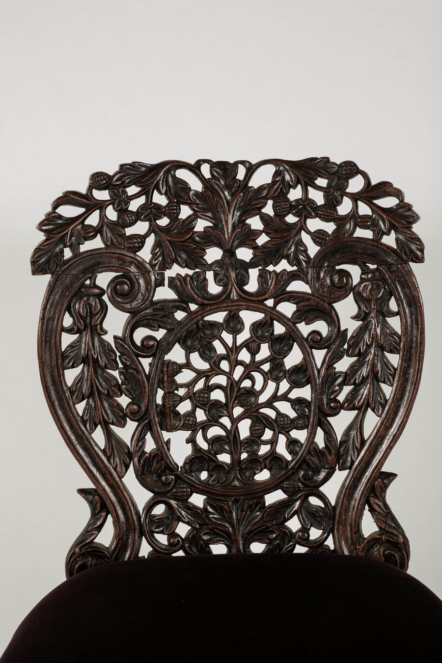 Pair Antique Anglo Indian Claret Velvet Carved Side Chairs