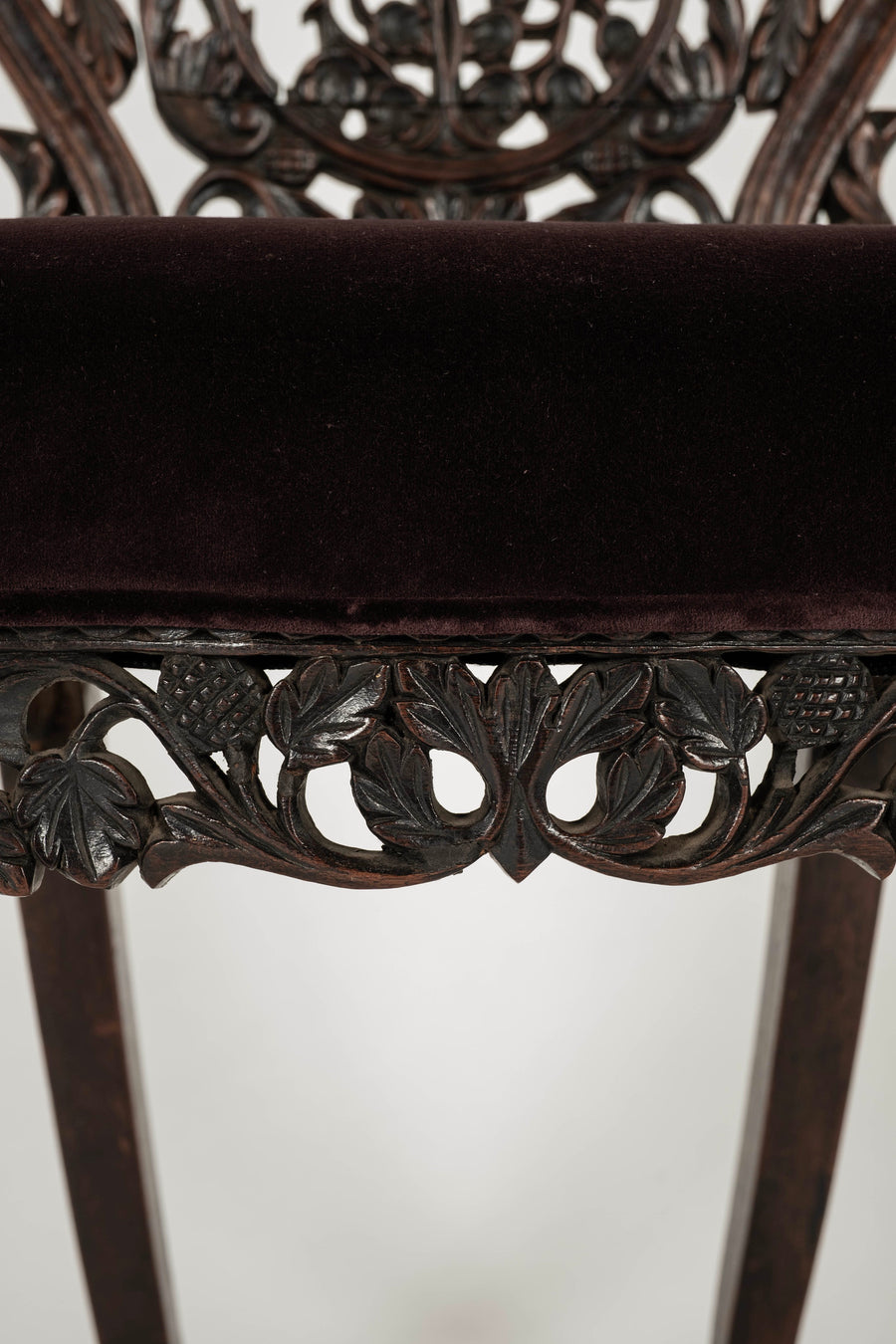 Pair Antique Anglo Indian Claret Velvet Carved Side Chairs
