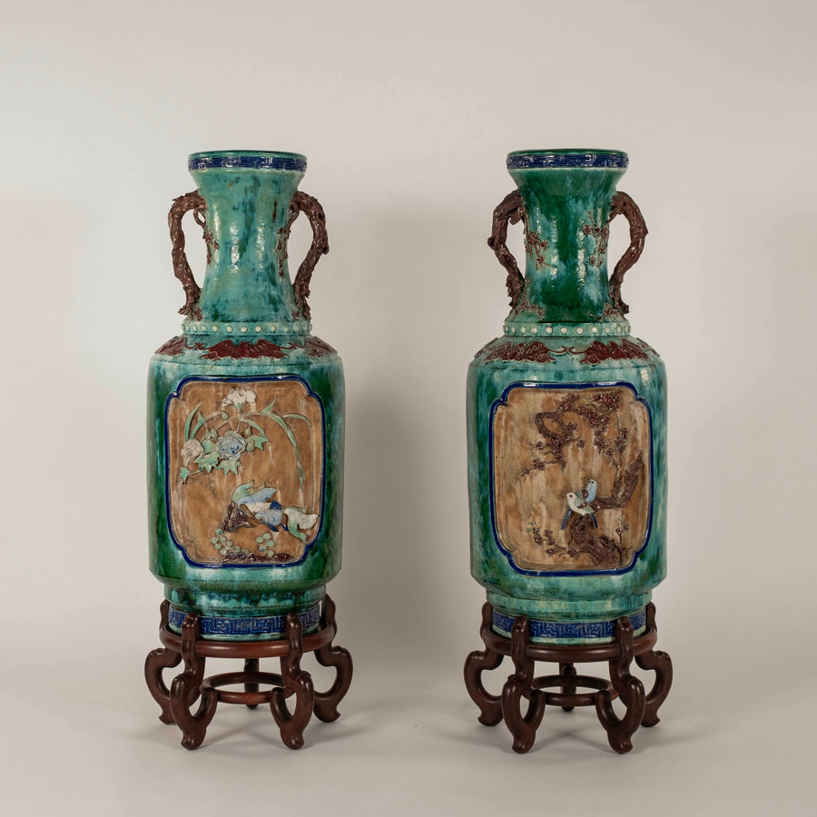 Pair Early 20th Century Chinese Shiwan Turquoise Glazed Earthenware Vases on Stands