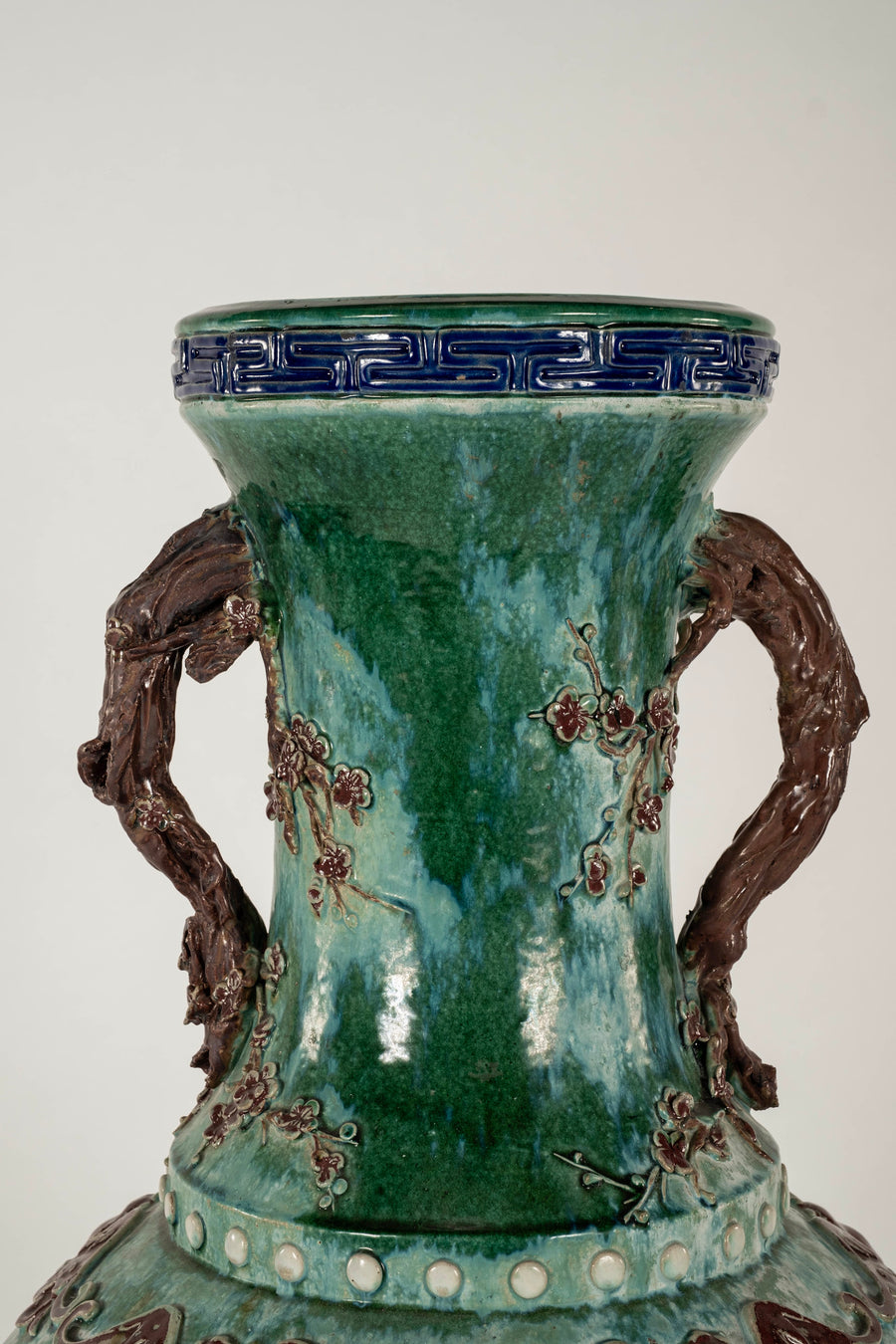 Pair Early 20th Century Chinese Shiwan Turquoise Glazed Earthenware Vases on Stands