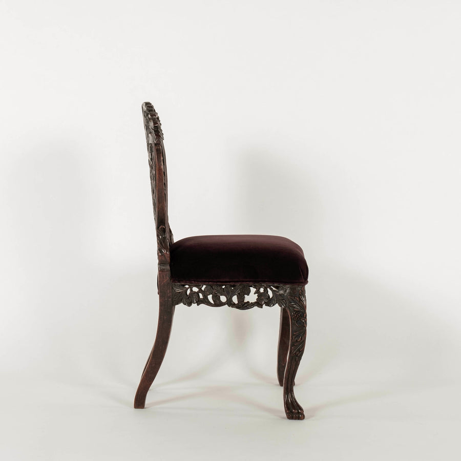 Pair Antique Anglo Indian Claret Velvet Carved Side Chairs