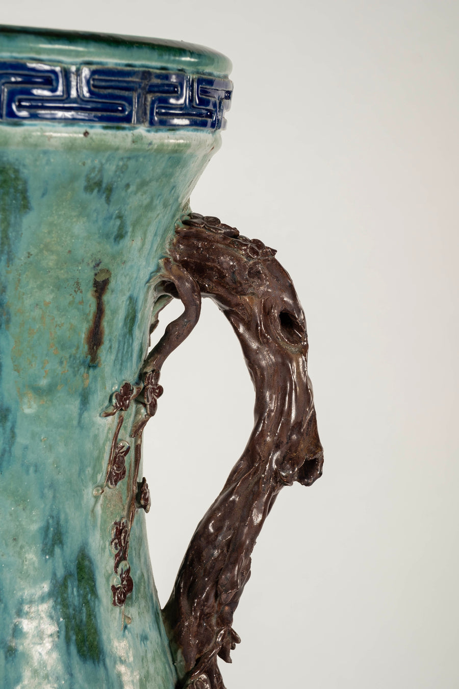 Pair Early 20th Century Chinese Shiwan Turquoise Glazed Earthenware Vases on Stands