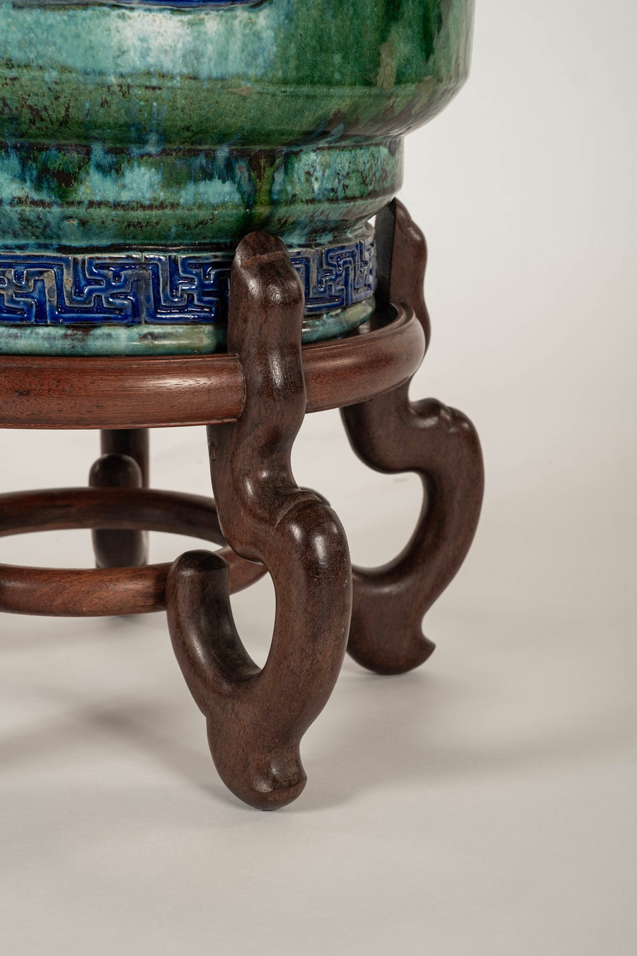 Pair Early 20th Century Chinese Shiwan Turquoise Glazed Earthenware Vases on Stands