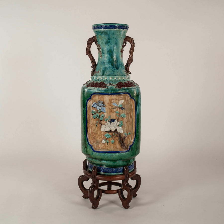 Pair Early 20th Century Chinese Shiwan Turquoise Glazed Earthenware Vases on Stands