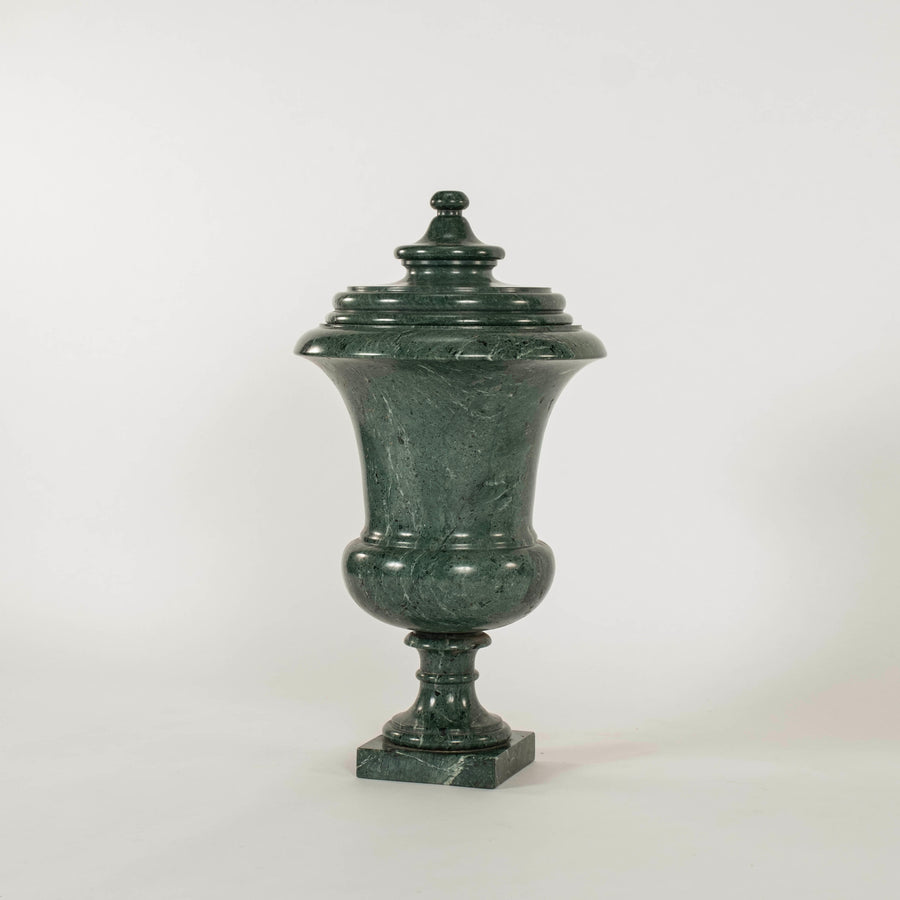Pair Vintage Green Marble Lidded Urns
