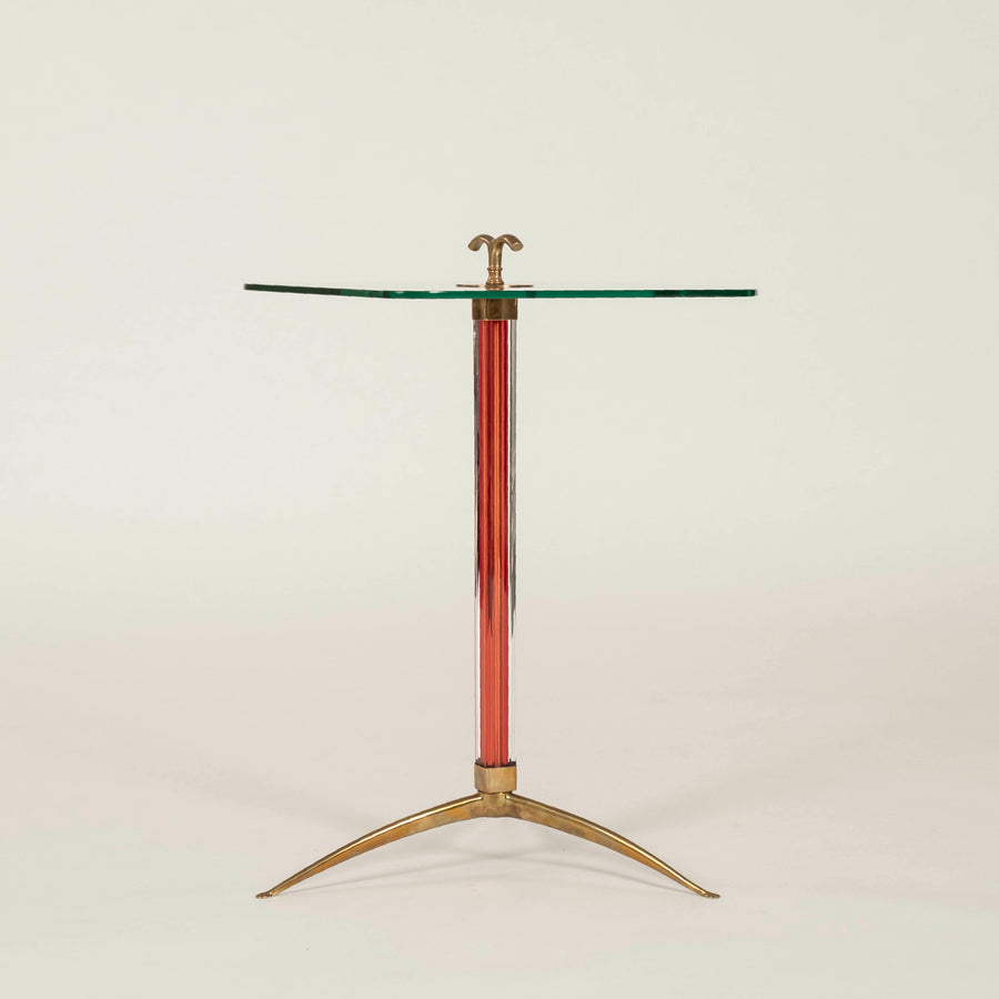 Italian Rosso Red Murano Glass Brass Tripod Side Table