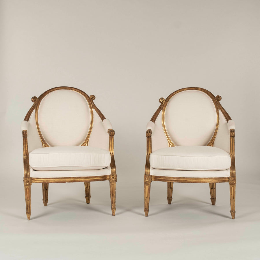 Pair Louis XVI Style Gilt Bergeres