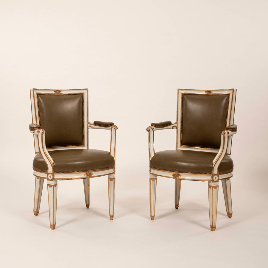Pair 20th Century Louis XVI Style Painted Gilt Armchairs
