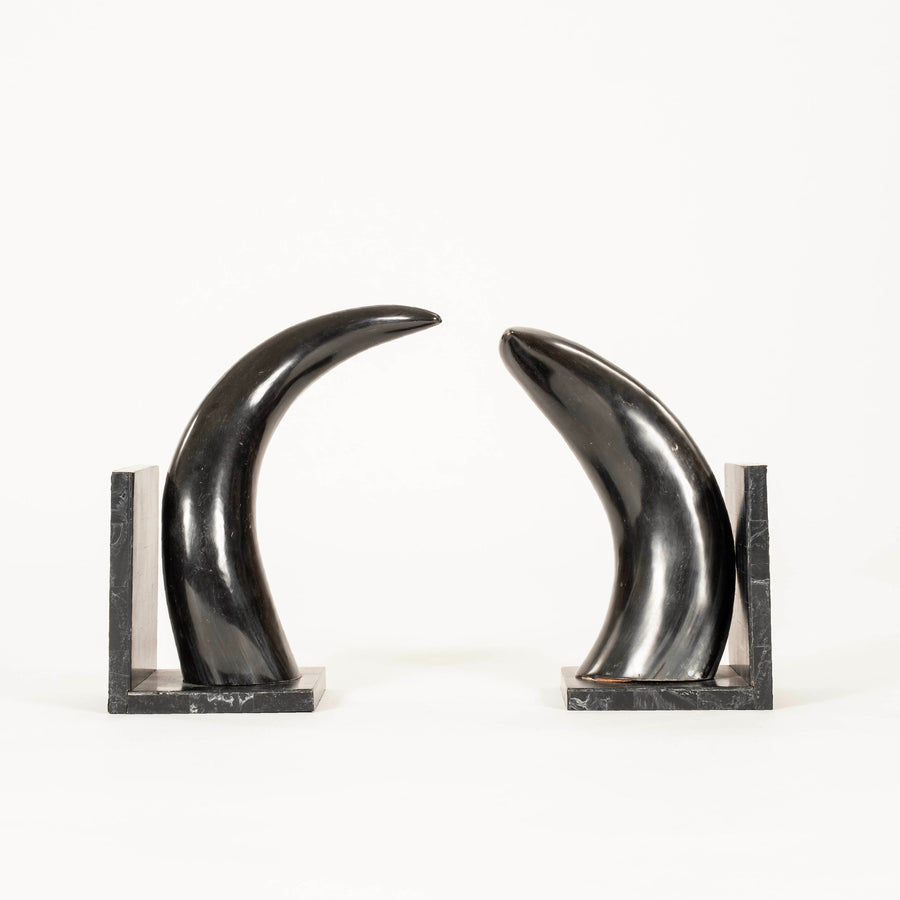 Pair Black Marble and Horn Bookends