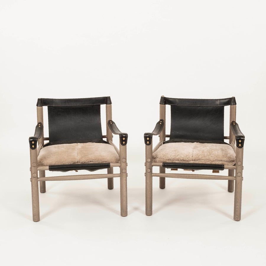 Pair Black Leather Shearling Sling Chairs