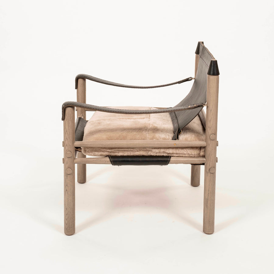 Pair Black Leather Shearling Sling Chairs