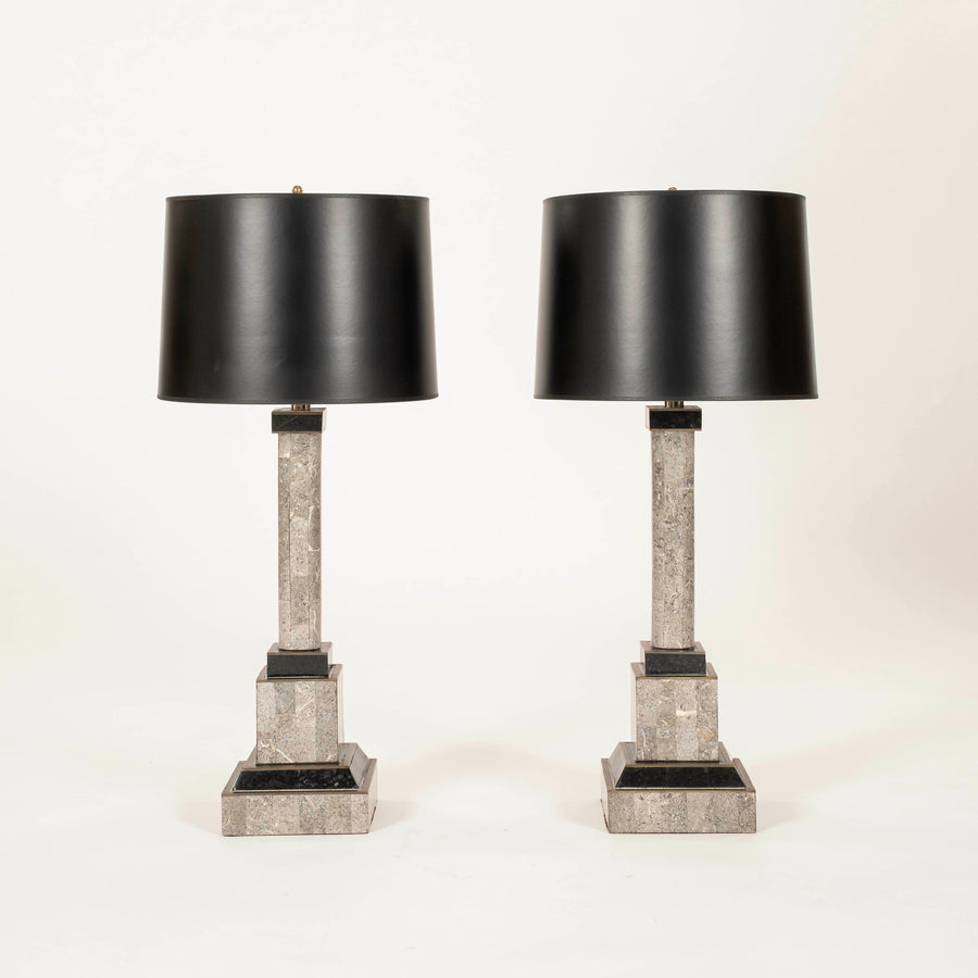 Pair Tessellated Marble Column Lamps