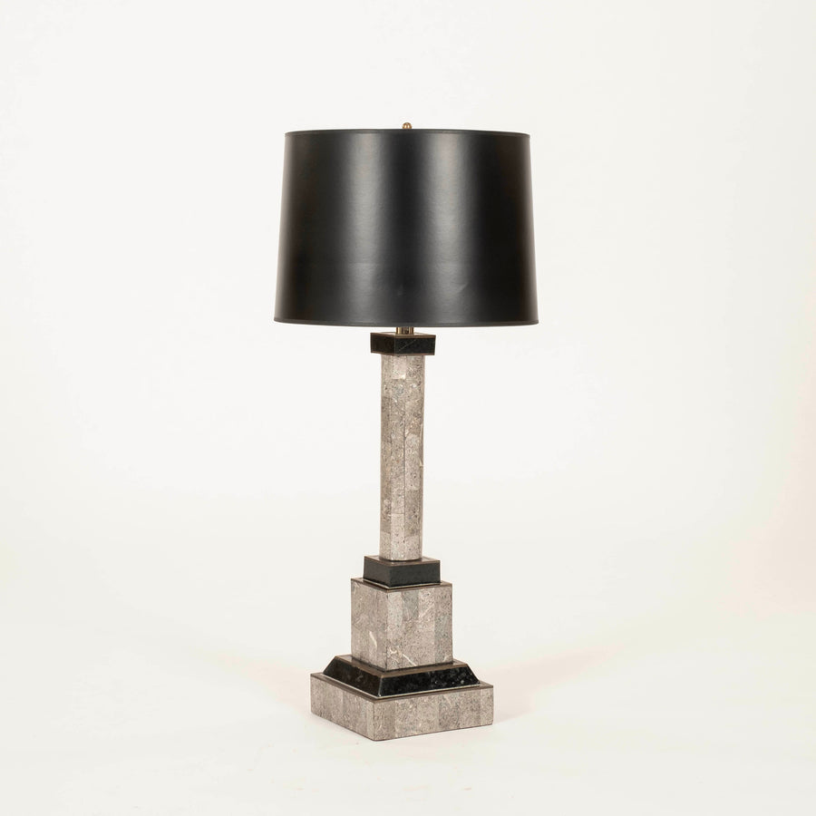 Pair Tessellated Marble Column Lamps