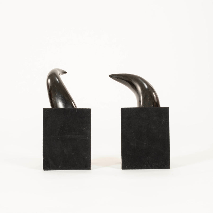 Pair Black Marble and Horn Bookends