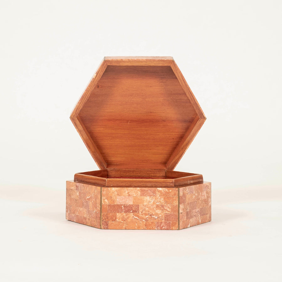 Maitland Smith Tessellated Marble & Brass Inlay Hexagonal Box