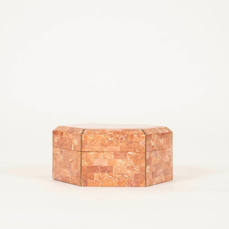 Maitland Smith Tessellated Marble & Brass Inlay Hexagonal Box