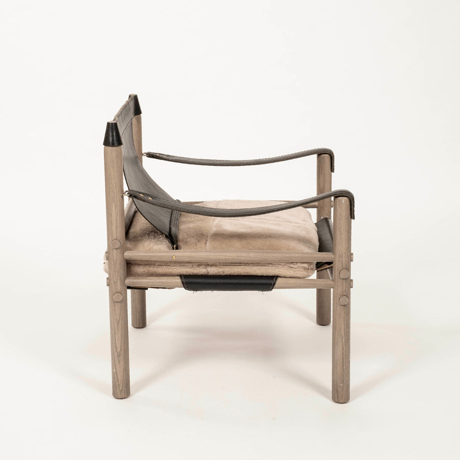 Pair Black Leather Shearling Sling Chairs